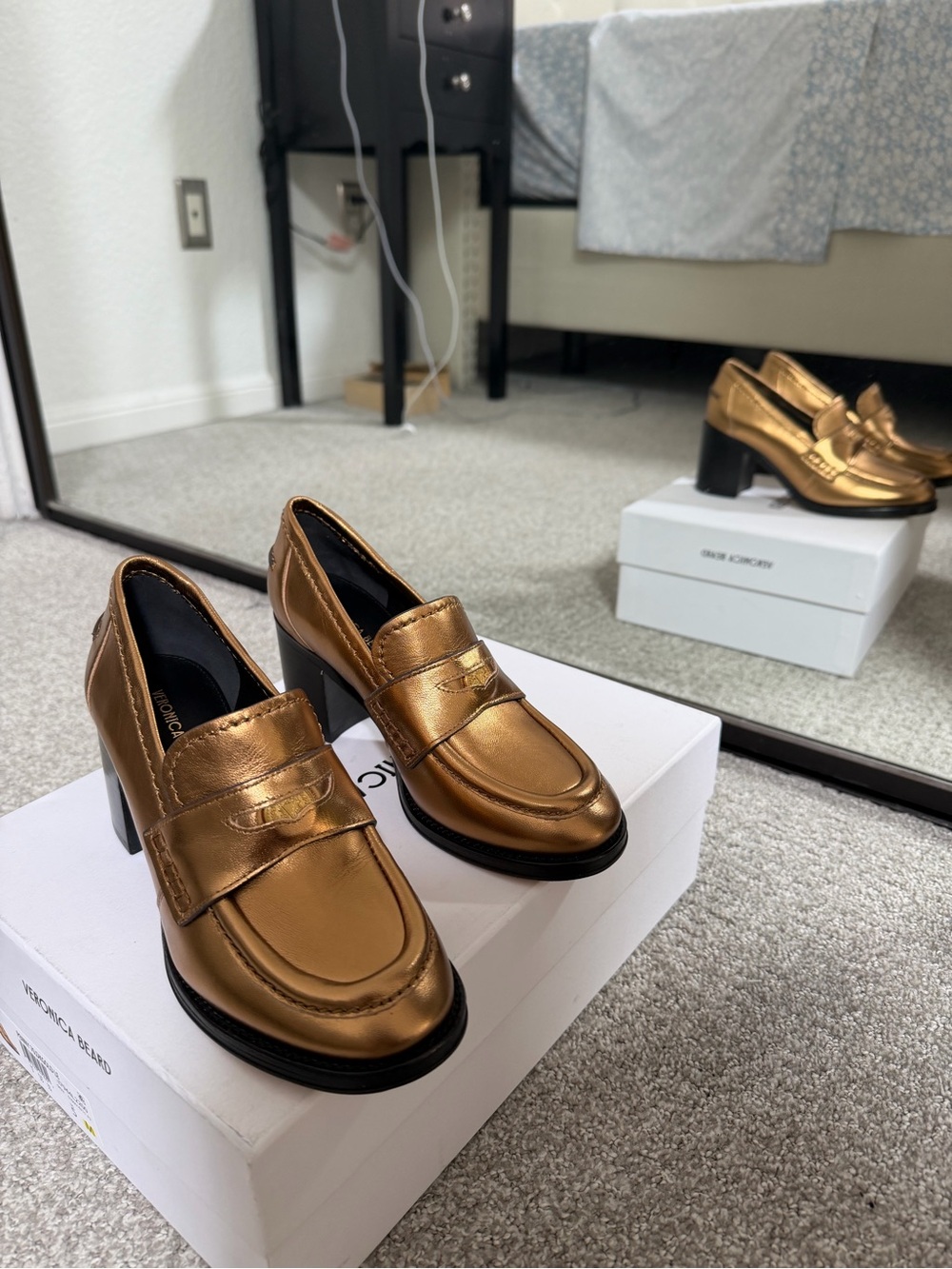 Veronica Beard Metallic Bronze Block Heel Loafers